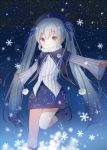 1girl bangs blue_hair blue_ribbon dress hair_ribbon hatsune_miku highres long_hair long_sleeves mimengfeixue night night_sky one_leg_raised outstretched_arms ribbon sky snowflakes solo spread_arms star_(sky) starry_sky twintails very_long_hair vocaloid 