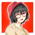  1girl ;d black_hair blush brown_eyes glasses hat keikyu_(tiltedcube) looking_at_viewer one_eye_closed open_mouth original outline outside_border red red-framed_glasses red_background red_hat short_hair simple_background smile solo upper_body 
