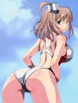  1girl ass blue_eyes breasts brown_hair competition_swimsuit from_behind kantai_collection leaning_forward long_hair looking_at_viewer looking_back monteri one-piece_swimsuit ponytail saratoga_(kantai_collection) side_ponytail sidelocks solo swimsuit white_swimsuit 