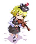  1girl :&lt; blonde_hair crescent dress from_above frown half-closed_eyes hat instrument kneehighs long_sleeves lunasa_prismriver mary_janes perspective playing_instrument shinapuu shoes short_hair socks solo touhou violin white_legwear yellow_eyes 