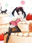  1girl arched_back artist_request bare_shoulders black_hair black_legwear cake cat clock_eyes date_a_live food fruit garter_belt garter_straps hairband heart heterochromia highres in_food long_hair oversized_object red_eyes smile solo spoken_heart strawberry symbol-shaped_pupils thigh-highs tokisaki_kurumi twintails yellow_eyes 