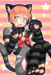  1girl :3 animal_costume animal_ears bell cat_costume cat_ears cat_tail claws elbow_gloves fang gloves green_eyes hoshizora_rin kaki_s looking_at_viewer love_live!_school_idol_project open_mouth orange_hair paw_gloves paw_pose ribbon short_hair sitting solo star striped striped_background tail thigh-highs 