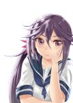  1girl akebono_(kantai_collection) asymmetrical_hair bell closed_mouth collarbone eyebrows eyebrows_visible_through_hair hair_bell hair_between_eyes hair_ornament hairpin hand_on_own_cheek head_rest jingle_bell kantai_collection long_hair pink_lips purple_hair school_uniform serafuku short_sleeves side_ponytail simple_background sleeve_cuffs solo sumeragi_hamao upper_body violet_eyes white_background 