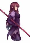 1girl bodysuit commentary_request cowboy_shot fate/grand_order fate_(series) gae_bolg hand_on_hip long_hair looking_at_viewer parted_lips pauldrons polearm profile purple_hair red_eyes saisarisu scathach_(fate/grand_order) simple_background solo weapon white_background 