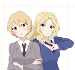  2girls :o artist_request blonde_hair blue_eyes blush cosplay costume_switch crossed_arms darjeeling darjeeling_(cosplay) girls_und_panzer green_eyes kay_(girls_und_panzer) kay_(girls_und_panzer)_(cosplay) long_hair loose_necktie multiple_girls necktie necktie_grab neckwear_grab short_hair simple_background sweater uniform white_background 