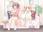  &gt;_&lt; 2girls :d :o ahoge blanket blonde_hair blue_eyes blush book_stack bow breasts brown_hair cleavage closed_eyes constellation copyright_request couch cup cushion fish flower frilled_legwear full_body glasses glasses_removed hair_bow hair_ribbon head_tilt hood hoodie imageboard_sample indoors jewelry knees_together_feet_apart long_hair mug multiple_girls necklace no_shoes open_mouth pan_(mimi) pink_ribbon plant pom_pom_(clothes) ponytail portrait_(object) potted_plant rabbit red-framed_glasses ribbon shirt sitting sleeves_past_wrists smile socks steam striped striped_legwear table two_side_up white_legwear white_shirt window 