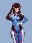  1girl ;) absurdres bangs blue_background bodysuit breasts brown_eyes brown_hair clothes_writing cowboy_shot d.va_(overwatch) facial_mark finger_gun gloves hand_on_hip headphones highres jugon lips long_hair looking_at_viewer nose one_eye_closed overwatch pilot_suit pointing pointing_at_viewer simple_background skin_tight smile solo swept_bangs thigh_gap whisker_markings white_gloves 