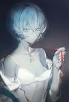  1girl ayanami_rei bangs blue_hair body_writing bra closed_mouth collarbone eyelashes frown hair_between_eyes highres holding lace-trimmed_bra neon_genesis_evangelion number off_shoulder open_clothes open_shirt pale_skin red_eyes red_ribbon ribbon school_uniform shirt short_hair sketch small_breasts solo strap_slip suspenders underwear undressing upper_body white_bra white_shirt yszx 
