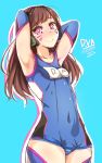  1girl :&gt; adapted_costume armpits artist_name bangs bare_shoulders blue_background brown_hair character_name collarbone commentary copyright_name covered_navel cowboy_shot d.va_(overwatch) dated facial_mark hands_in_hair headphones heart heart-shaped_pupils highres long_hair looking_at_viewer nakatokung name_tag old_school_swimsuit outline overwatch pink_eyes school_swimsuit simple_background skin_tight small_breasts smile solo swept_bangs swimsuit symbol-shaped_pupils thigh-highs whisker_markings white_outline 