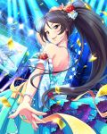  1girl artist_request audience black_hair blue_eyes bracelet confetti dress earrings flower glowstick hair_flower hair_ornament idolmaster idolmaster_cinderella_girls jewelry long_hair looking_back necklace official_art ponytail solo strapless strapless_dress sugisaka_umi very_long_hair 