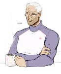  1boy coffee coffee_mug glasses green_eyes grin highres male_focus old_man overwatch sejihoe smile soldier:_76_(overwatch) solo sweater white_hair 