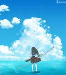  1girl akagi_(kantai_collection) blue_sky bow_(weapon) brown_hair clouds commentary_request from_behind hakama_skirt highres horizon japanese_clothes kantai_collection long_hair ocean sky solo thigh-highs tora_jun water weapon 