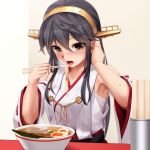  1girl :o aiguillette armpits bandages bare_shoulders black_hair blurry blush brown_eyes collarbone cup depth_of_field detached_sleeves eating egg eto eyebrows eyebrows_visible_through_hair food hand_in_hair hand_up haruna_(kantai_collection) headgear highres holding japanese_clothes kantai_collection kimono long_sleeves looking_at_viewer meat noodles open_mouth ramen red_ribbon revision ribbon ribbon-trimmed_sleeves ribbon_trim sarashi simple_background sleeveless sleeveless_kimono solo soup sweatdrop upper_body wide_sleeves yellow_background 