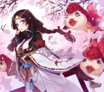  1girl bag blue_eyes braid breasts brown_hair cherry_blossoms detached_sleeves dutch_angle eating fish flying food goldfish large_breasts long_hair looking_at_viewer pale_skin petals railing saliva skin_tight tree wide_sleeves wind yaguo 