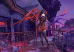  1girl arms_behind_back artist_request black_hair black_legwear building crescent_moon dress full_body highres houjuu_nue industrial long_hair looking_at_viewer mechanical_parts moon outdoors pipes polearm purple_sky railing red_eyes red_moon red_shoes ribbon scissor_blade scissors shoes short_dress smoke snake solo source_request spear stairs standing thigh-highs torn_leggings touhou trident weapon wings zettai_ryouiki 