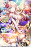  1girl animal_ears arrow bangs bare_shoulders blonde_hair blue_eyes bow_(weapon) breasts bridal_gauntlets cleavage clouds company_name copyright_name coral gloves glowing grand_sphere green_eyes hair_ornament holding holding_weapon kneeling kuroi large_breasts long_hair looking_at_viewer multicolored_eyes official_art one_eye_closed original smile solo thigh-highs under_boob water weapon white_gloves 