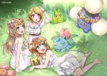  3girls :d :o artist_name barefoot blue_eyes blush bow brown_eyes brown_hair closed_eyes crossover dress flower grass hair_bow head_wreath ivysaur jumpluff koizumi_hanayo kousaka_honoka long_hair love_live!_school_idol_project lying minami_kotori mono_land multiple_girls on_side open_mouth outdoors pokemon pokemon_(creature) printemps_(love_live!) red_eyes shade short_hair sitting smile sunkern sunlight swadloon vileplume violet_eyes white_bow white_dress 