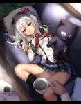 1girl coffee_cup come_hither couch epaulettes gloves grey_eyes hat jacket kantai_collection kashima_(kantai_collection) long_hair long_sleeves looking_at_viewer lying military military_uniform miniskirt on_back on_couch panties pantyshot pantyshot_(lying) pillow pleated_skirt pov pov_hands silver_hair skirt smile solo_focus stuffed_animal stuffed_cat stuffed_toy table takemori_shintarou twintails underwear uniform wavy_hair white_gloves white_panties