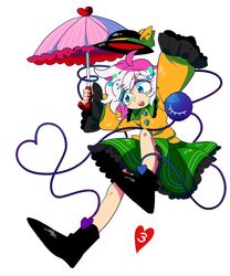  1girl blue_eyes furukawa_(yomawari) green_skirt hands_in_sleeves hat hat_removed hat_ribbon headwear_removed heart komeiji_koishi long_sleeves open_mouth ribbon sharp_teeth silver_hair skirt sleeves_past_wrists solo teeth third_eye touhou umbrella 