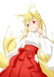  1girl animal_ears blonde_hair double_v eyebrows eyebrows_visible_through_hair fox_ears fox_tail grin hakama head_tilt highres japanese_clothes long_hair looking_at_viewer miko multiple_tails niwatazumi original red_eyes red_hakama simple_background sketch smile solo tail v white_background wide_sleeves 