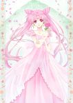  1girl bishoujo_senshi_sailor_moon chibi_usa double_bun dress earrings facial_mark flower forehead_mark hair_ornament hairclip holding jewelry light_smile long_hair older petals pink_dress pink_eyes pink_hair pink_rose rose rose_petals small_lady_serenity solo taito1020 twintails very_long_hair 