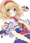  1girl alice_margatroid blonde_hair blue_eyes blush book bow capelet doll hair_bow hairband hym9594 looking_at_viewer shanghai_doll short_hair solo touhou white_background 