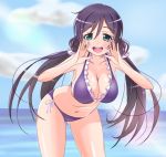  1girl ankoro_(momomonsss) aqua_eyes ass_visible_through_thighs bikini breasts cleavage clouds collarbone large_breasts leaning_forward long_hair looking_at_viewer love_live!_school_idol_project navel ocean open_mouth purple_hair round_teeth shouting sideboob solo swimsuit teeth thighs toujou_nozomi twintails wide_hips 