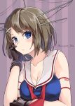  1girl blue_eyes blush breasts brown_hair cleavage gloves hand_on_own_cheek kantai_collection maya_(kantai_collection) sailor_collar short_hair solo striped striped_background sugue_304 twitter_username upper_body x_hair_ornament 