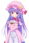  1girl bangs blue_ribbon blunt_bangs blush book capelet crescent crescent_hair_ornament dress hair_ornament hair_ribbon hakuto_(28syuku) hat hat_ribbon long_hair long_sleeves looking_at_viewer mob_cap patchouli_knowledge purple_hair red_ribbon ribbon sidelocks simple_background solo standing striped striped_dress touhou tress_ribbon violet_eyes 