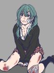  1girl aqua_eyes aqua_hair bandages black_legwear blood breasts cleavage hatsune_miku highres kneehighs long_hair momozukuku nosebleed rolling_girl_(vocaloid) solo tears 