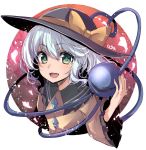  1girl :d asa_(coco) black_hat blush bow buttons eyebrows eyebrows_visible_through_hair frilled_shirt_collar frilled_sleeves frills green_eyes green_hair hat hat_bow heart heart_of_string komeiji_koishi long_sleeves looking_at_viewer open_mouth shirt short_hair smile solo string tareme third_eye touhou upper_body wide_sleeves yellow_bow yellow_shirt 