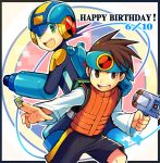  arm_cannon battle_chip boots brown_eyes brown_hair commentary_request dated green_eyes happy_birthday headband helmet hikari_netto iroyopon long_sleeves open_mouth personal_terminal rockman rockman_exe rockman_exe_(character) short_hair shoulder_guard smile vest weapon 