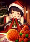  1girl ^_^ absurdres anchor_choker bangs bare_shoulders black_hair blurry blush bow chair christmas christmas_tree closed_eyes detached_sleeves eyebrows_visible_through_hair eyelashes facing_viewer food fur_trim green_bow hair_ornament hands_on_own_cheeks hands_on_own_face hat head_rest highres holding indoors kantai_collection kirieroido_iii long_hair mizuho_(kantai_collection) open_mouth out_of_frame plaid plaid_bow plate pom_pom_(clothes) pov pov_hands red_hat red_ribbon restaurant ribbon santa_costume santa_hat smile solo_focus soup star tongue upper_body very_long_hair wall 