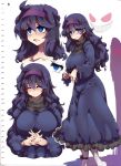  1girl ahoge ankle_ribbon bags_under_eyes breasts dress gengar hairband hex_maniac_(pokemon) highres large_breasts long_hair messy_hair npc pokemon pokemon_(game) pokemon_xy purple_hair sketch sweater tokyo_(great_akuta) violet_eyes wavy_mouth 