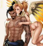  1boy 1girl abs arched_back arms_at_sides artist_name bandaid bare_arms bare_legs bare_shoulders beard black_hair blonde_hair clothes_around_waist collarbone dandon_fuga dark_skin facial_hair flying green_eyes grey_background half-closed_eyes hanzo_(overwatch) hug hug_from_behind male_pubic_hair mechanical_halo mechanical_wings mercy_(overwatch) muscle navel nipples no_pants overwatch panties parted_lips pink_lips ponytail pubic_hair red_panties shirtless short_hair simple_background standing stomach tattoo underwear watermark web_address wings 