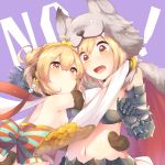  &gt;:( 2girls ahoge alternate_costume anchira_(granblue_fantasy) animal_costume animal_ears arms_around_neck berserker_(granblue_fantasy) blonde_hair blush breasts cape detached_sleeves djeeta_(granblue_fantasy) earrings fang fangs gauntlets granblue_fantasy hairband highres jewelry kaenuco looking_at_viewer midriff monkey_ears monkey_tail multiple_girls navel open_mouth scared serious short_hair small_breasts tail tail_hug wide_sleeves wolf wolf_ears yellow_eyes 