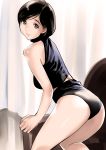  1girl arm_support ass bare_shoulders black_eyes brown_hair chair curtains dtym halterneck highres looking_back original short_hair solo 