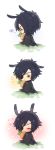  1boy animal_ears black_hair bunny_tail carrot chibi closed_eyes comic eyepatch from_behind highres jida looking_back male_focus open_mouth rabbit_ears shokudaikiri_mitsutada sitting smile tail touken_ranbu yellow_eyes 