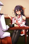  1girl :d admiral_(kantai_collection) anmitsu_(dessert) black_hair blush boots choker commentary_request detached_sleeves feeding hair_ornament hairband hairclip haruna_(kantai_collection) hat highres kantai_collection long_hair military military_uniform naval_uniform nontraditional_miko open_mouth orange_eyes peaked_cap pleated_skirt seat sitting skirt smile table thigh-highs thigh_boots translated tsukui_kachou uniform 