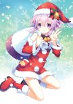  1girl bell boots choujigen_game_neptune detached_sleeves gradient gradient_background green_background hat lavender_hair looking_at_viewer narinn neptune_(choujigen_game_neptune) neptune_(series) red_boots red_hat santa_costume santa_hat short_hair smile snowflake_background solo v violet_eyes 
