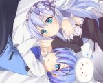  2girls angora_rabbit bare_shoulders black_dress blue_eyes blue_hair commentary_request cosplay costume_switch crossover detached_sleeves dress eyebrows eyebrows_visible_through_hair flower gochuumon_wa_usagi_desu_ka? hair_flower hair_ornament hair_over_one_eye hair_ribbon hairclip holding_hands kafuu_chino kafuu_chino_(cosplay) long_hair long_sleeves look-alike looking_at_viewer lying maid minase_inori multiple_girls open_mouth rabbit rabbit_house_uniform re:zero_kara_hajimeru_isekai_seikatsu rem_(re:zero) rem_(re:zero)_(cosplay) ribbon sakura_choko seiyuu_connection short_hair tippy_(gochuumon_wa_usagi_desuka?) waitress x_hair_ornament 