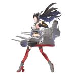  1girl black_hair breasts cannon clenched_hand full_body headgear high_heels highres kantai_collection large_breasts long_hair looking_away machinery nagato_(kantai_collection) navel open_mouth red_eyes solo sugue_304 thigh-highs turret white_background 