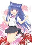  1girl animal_ears blue_hair bobby_socks bow bowtie cat_ears cat_tail floral_background flower full_body furude_rika gaou higurashi_no_naku_koro_ni jumping looking_at_viewer midair open_mouth outstretched_arms school_uniform shoes short_sleeves skirt socks solo spider_lily suspenders tail violet_eyes 