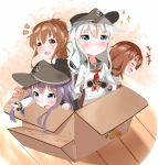  4girls akatsuki_(kantai_collection) anchor_symbol attokyu binoculars black_hat blue_eyes box brown_eyes brown_hair cardboard_box closed_eyes commentary_request eyebrows eyebrows_visible_through_hair flat_cap green_eyes hair_between_eyes hat hibiki_(kantai_collection) ikazuchi_(kantai_collection) in_box in_container inazuma_(kantai_collection) kantai_collection long_hair multiple_girls neckerchief open_mouth purple_hair school_uniform serafuku short_hair silver_hair 