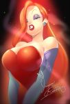  1girl blurry breasts character_name cleavage clenched_teeth detached_sleeves dress earrings grey_eyes hair_over_one_eye jessica_rabbit jewelry large_breasts lipstick makeup orange_hair red_dress red_lipstick solo strapless strapless_dress teeth u-min upper_body who_framed_roger_rabbit 
