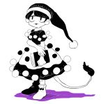  1girl :3 book doremy_sweet dress furukawa_(yomawari) hat monochrome nightcap no_nose open_mouth pom_pom_(clothes) solo spot_color tail touhou 