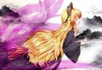  1girl black_dress blonde_hair chinese_clothes closed_eyes dress energy from_side hat highres hyoumon_(saihokutan) junko_(touhou) long_hair nail_polish open_mouth outdoors profile solo tabard tassel touhou very_long_hair wide_sleeves 