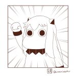  (o)_(o) arm_up bangs clenched_hand collar commentary horns kantai_collection long_hair looking_at_viewer mittens monochrome moomin moomintroll muppo northern_ocean_hime sazanami_konami simple_background sketch translated twitter_username upper_body 