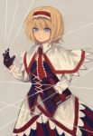  1girl adapted_costume alice_margatroid alternate_costume berabou black_gloves blonde_hair blue_eyes book capelet corset dress gloves grey_background hairband highres long_sleeves looking_at_viewer necktie puppet_strings short_hair simple_background solo touhou 