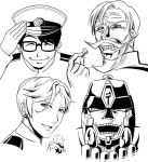  4boys admiral_(kantai_collection) beast_wars black_hair chocolate clenched_teeth commentary_request crossover evil_grin evil_smile faceless_(karakuri_circus) facial_hair glass glowing grin grinding gundam gundam_tekketsu_no_orphans hat kamizono_(spookyhouse) kantai_collection karakuri_circus kidou_keisatsu_patlabor machine machinery mcgillis_fareed mecha megatron military military_hat military_uniform monochrome multiple_boys mustache naval_uniform non-human_admiral_(kantai_collection) oldschool open_mouth peaked_cap predacon robot science_fiction screw simple_background smile teeth transformers uniform utsumi_(patlabor) white_hair 